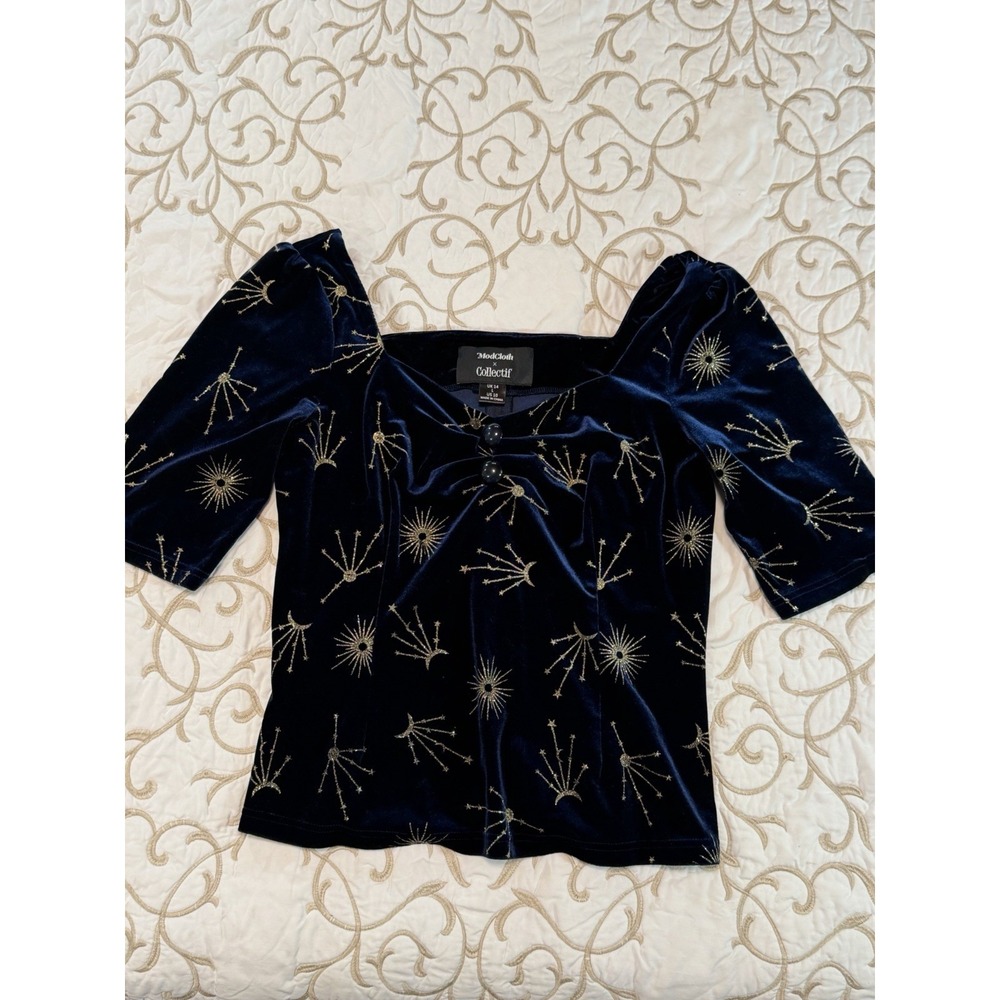 Fortune Teller Shirt L Celestial Velvet Top Witchy Gothic Halloween Moon Stars